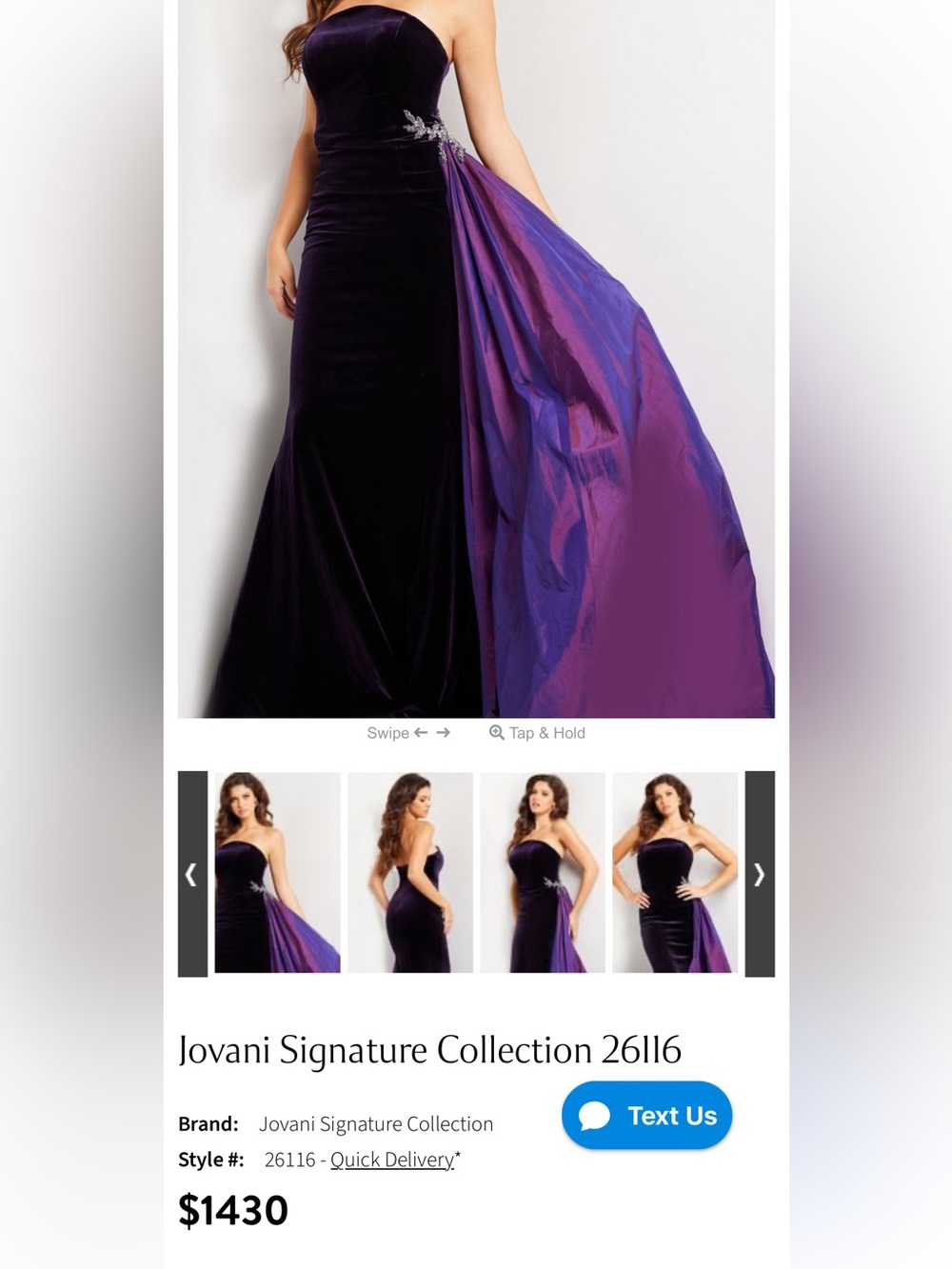 Strapless Velvet Evening Gown with Purple Taffeta Drape
